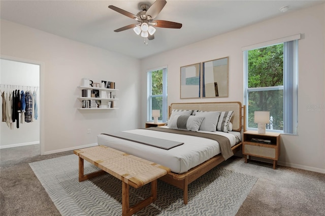 carpeted bedroom featuring a spacious closet, baseboards, multiple windows, and a ceiling fan