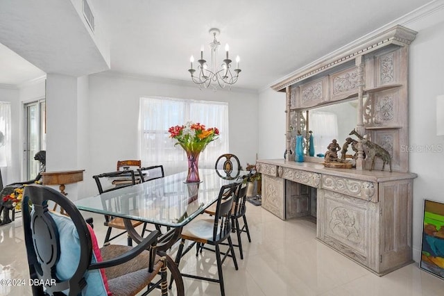 tiled dining room featuring crown molding and a chandelier