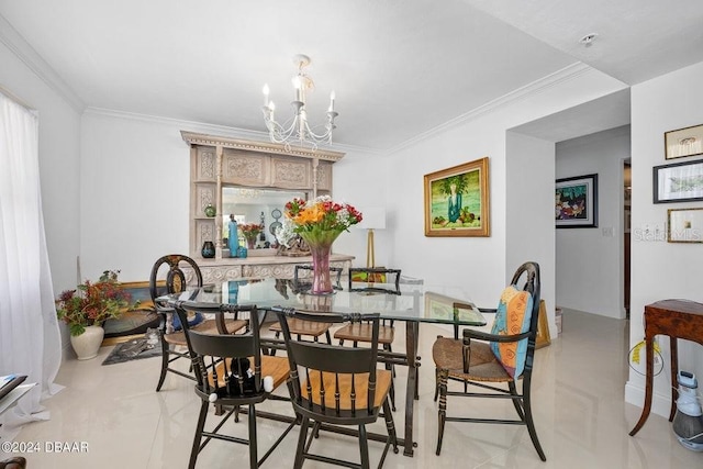 dining space with crown molding and a chandelier