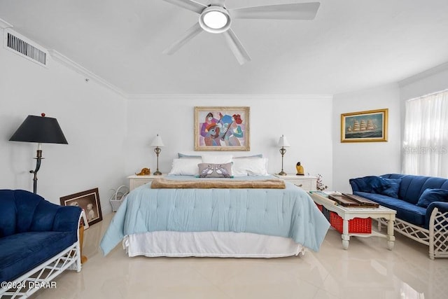 bedroom with ceiling fan and crown molding