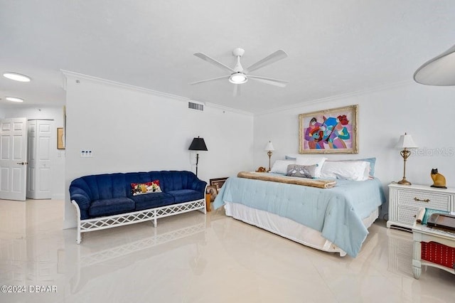 bedroom featuring ceiling fan and crown molding