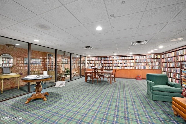 interior space featuring carpet flooring and a drop ceiling