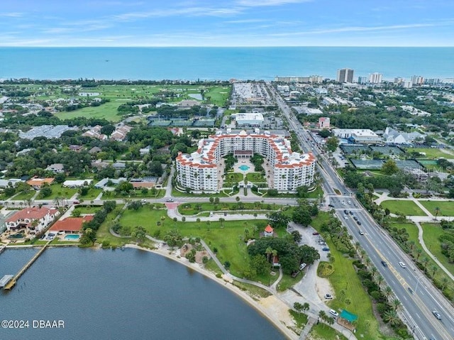 drone / aerial view featuring a water view