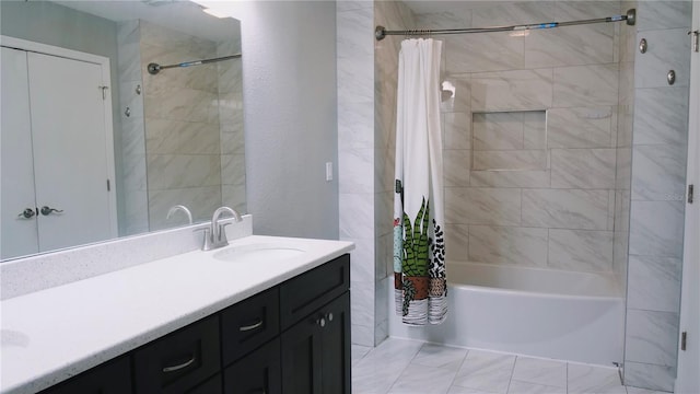 bathroom with vanity and shower / bath combination with curtain