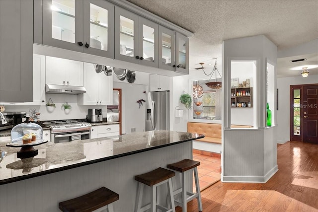 kitchen featuring light hardwood / wood-style flooring, kitchen peninsula, dark stone counters, a textured ceiling, and appliances with stainless steel finishes