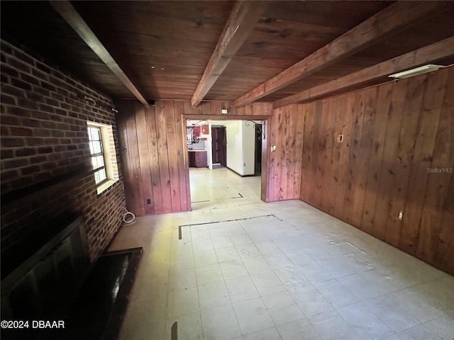 interior space with wooden walls, beamed ceiling, and wooden ceiling