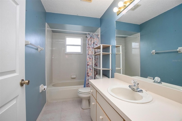 full bathroom featuring shower / bathtub combination with curtain, tile patterned floors, a textured ceiling, toilet, and vanity