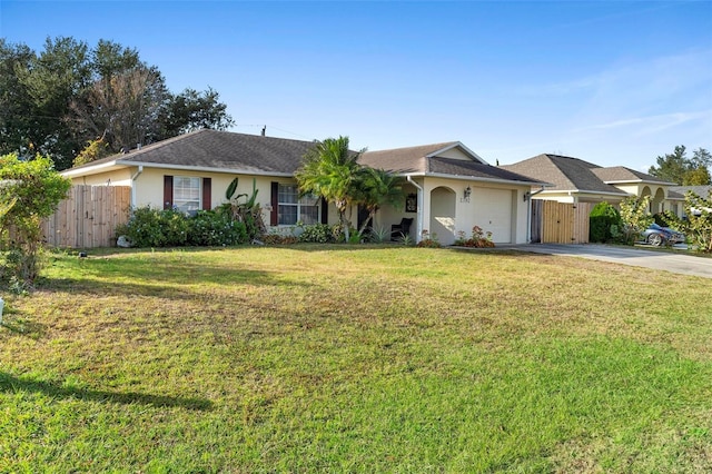 ranch-style house with a garage and a front lawn