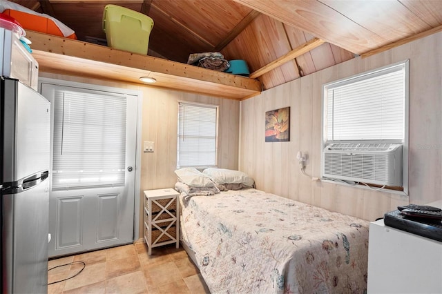 bedroom featuring high vaulted ceiling, stainless steel refrigerator, cooling unit, and wooden walls