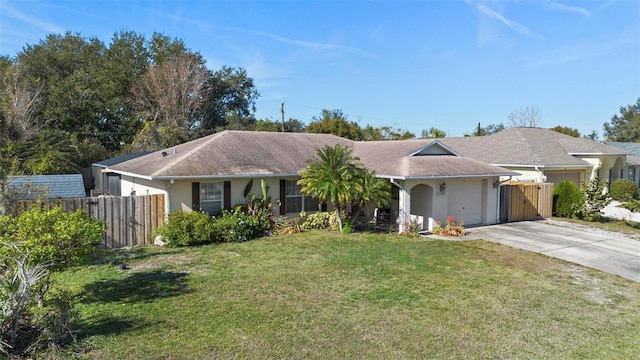 ranch-style home featuring a front lawn and a garage