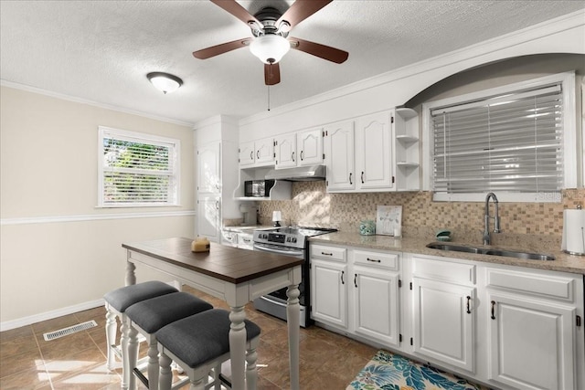 kitchen with stainless steel electric stove, backsplash, white cabinets, and crown molding