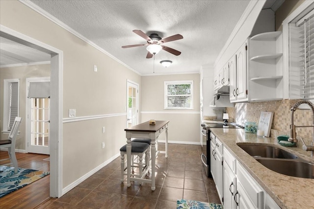 kitchen with stainless steel electric stove, white cabinetry, sink, and ornamental molding