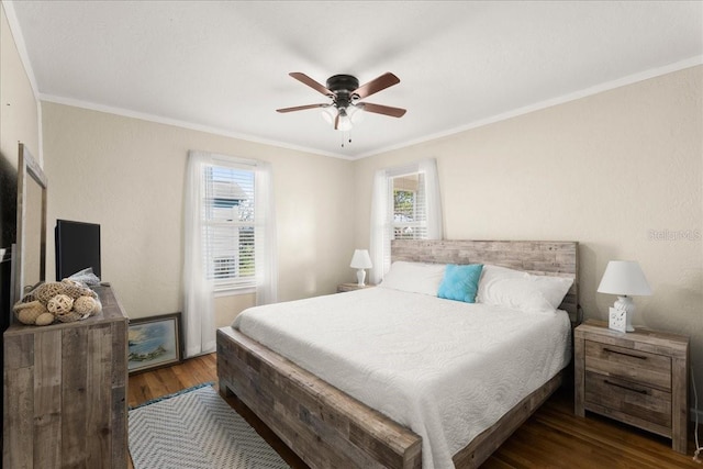 bedroom featuring ornamental molding, multiple windows, dark wood-type flooring, and ceiling fan