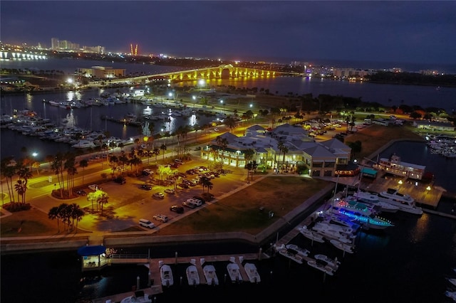 aerial view at twilight with a water view