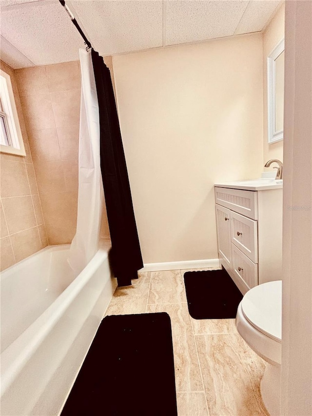 full bathroom with tile patterned flooring, vanity, toilet, and shower / tub combo with curtain