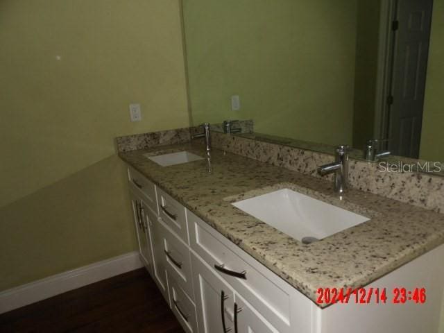 bathroom with hardwood / wood-style floors and vanity