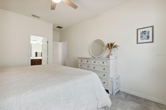 bedroom featuring ceiling fan and connected bathroom