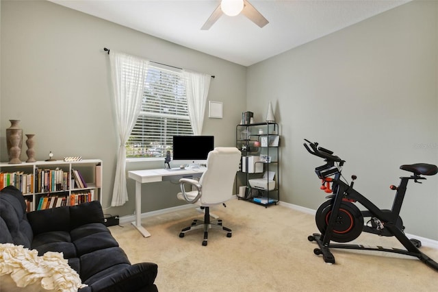 office with ceiling fan and light colored carpet