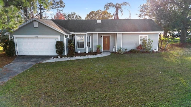 single story home with a front yard and a garage