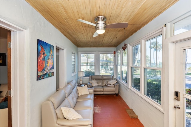 sunroom with ceiling fan and wood ceiling