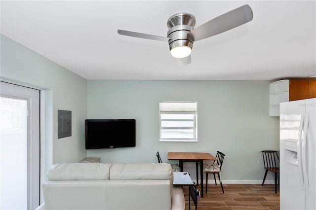 living room featuring hardwood / wood-style flooring, ceiling fan, and electric panel