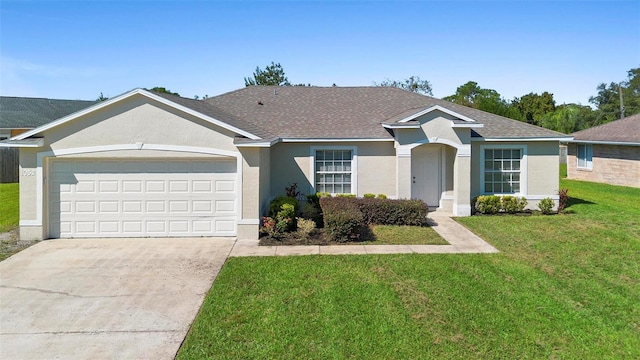 ranch-style house with a garage and a front yard