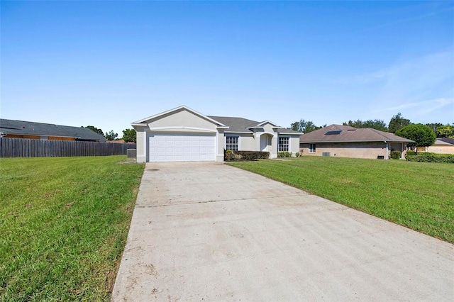 single story home with a garage and a front yard