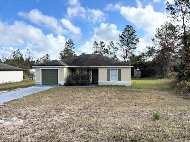 single story home with a shed, a front lawn, and a garage