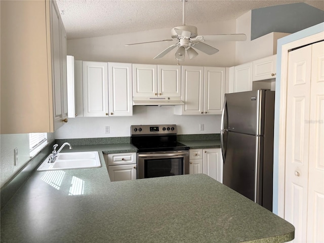 kitchen with white cabinets, stainless steel appliances, lofted ceiling, and sink