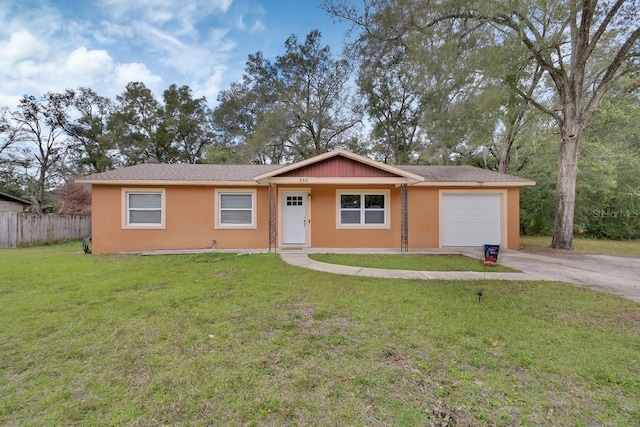 ranch-style house with a front yard and a garage