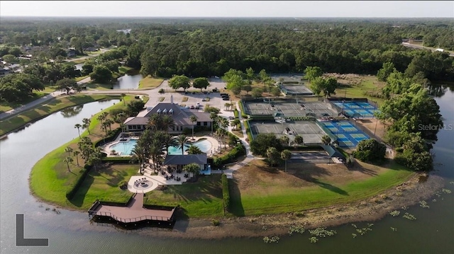 aerial view featuring a water view