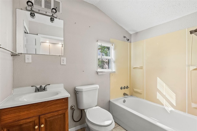 full bathroom with  shower combination, a textured ceiling, vaulted ceiling, toilet, and vanity