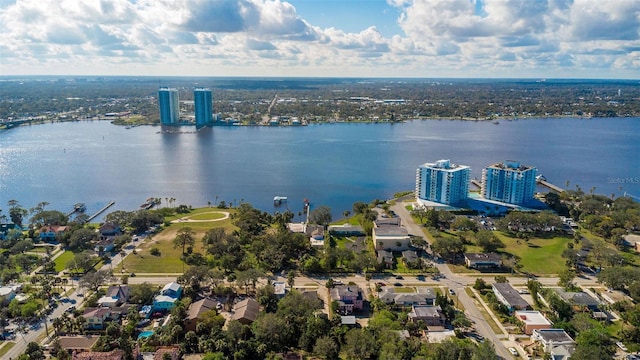 drone / aerial view featuring a water view