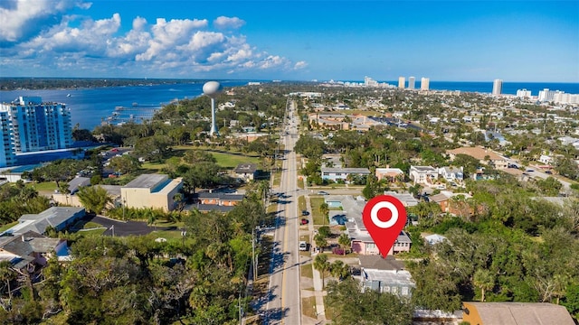 drone / aerial view featuring a water view