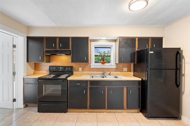 kitchen featuring light tile patterned floors, sink, extractor fan, and black appliances