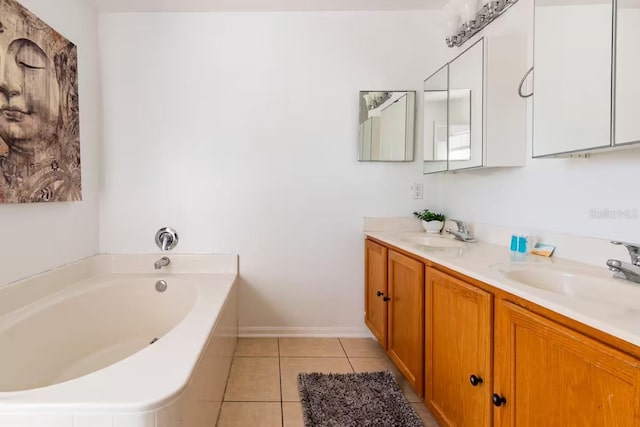 bathroom featuring tile patterned floors, vanity, and a bath