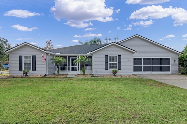 ranch-style home with a garage and a front yard