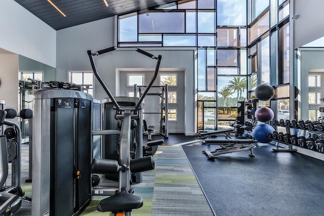 workout area with carpet, high vaulted ceiling, a wealth of natural light, and wood ceiling