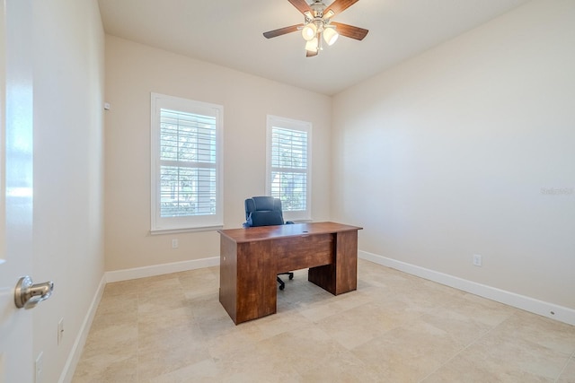 tiled office with ceiling fan