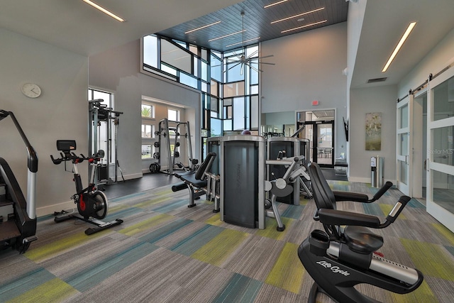 workout area with plenty of natural light, a barn door, and a towering ceiling