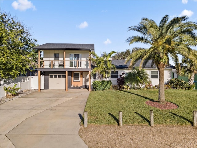 view of front of property featuring a balcony, a garage, and a front lawn