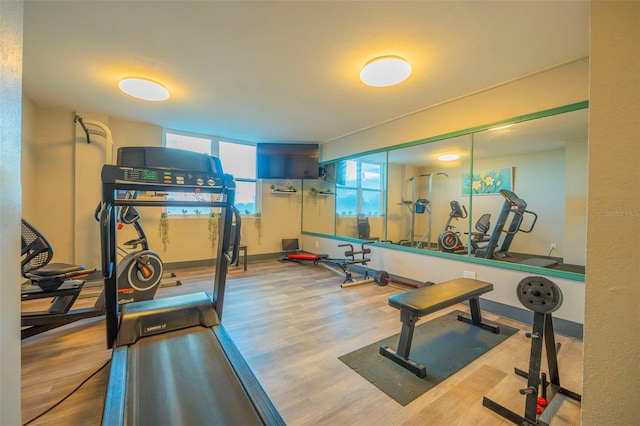 exercise area with baseboards and wood finished floors