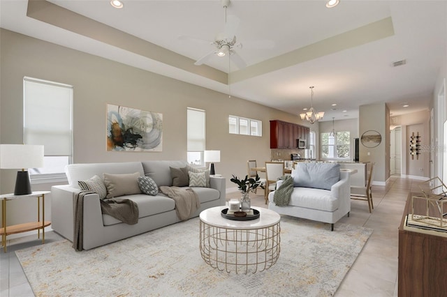 430 Cypress Hills Way, Deland, FL 32724 - living area featuring a chandelier, recessed lighting, light tile patterned flooring, baseboards, and a ceiling fan