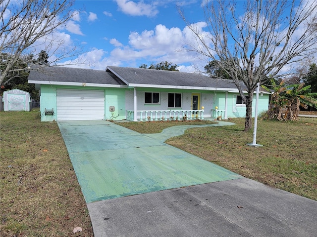 ranch-style home featuring covered porch, a shed, a garage, and a front lawn