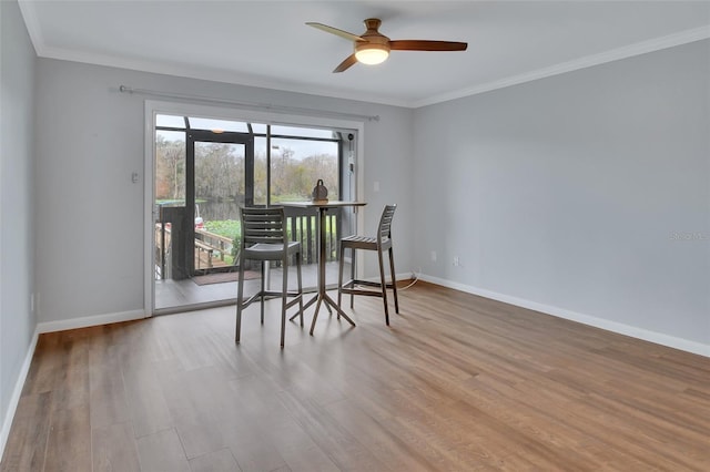 dining area featuring ceiling fan, light wood-type flooring, and ornamental molding