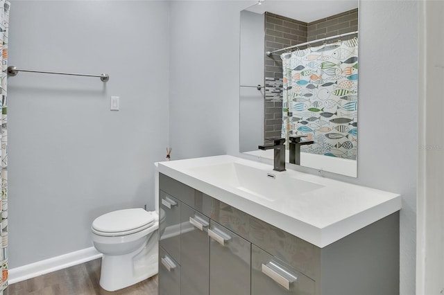 bathroom with vanity, wood-type flooring, and toilet