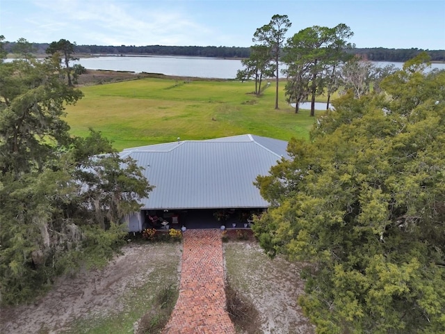 drone / aerial view featuring a water view