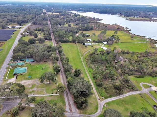 aerial view featuring a water view and a rural view