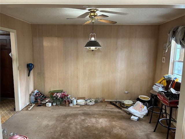 misc room featuring carpet, a textured ceiling, ceiling fan, and wood walls