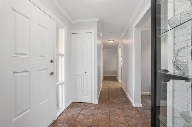 hallway featuring ornamental molding